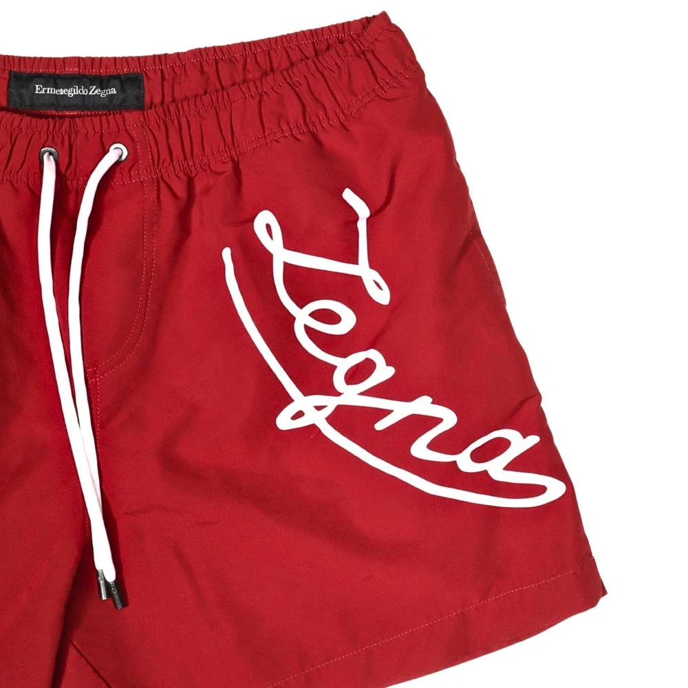Ermenegildo Zegna Swim Trunks Mens XL Red Script Logo Drawstring Beach Vacation